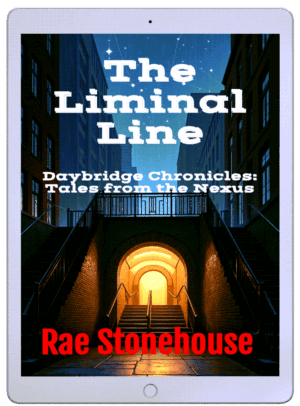 Book cover on a tablet: The Liminal Line, Daybridge Chronicles: Tales from the Nexus, by Rae Stonehouse; illuminated archway stairs between city buildings.