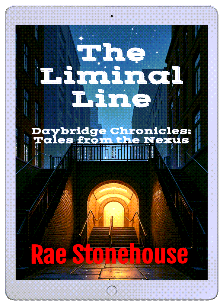 The Liminal Line Ebook cover - Live For Excellence Book Store Book cover on a tablet: The Liminal Line, Daybridge Chronicles: Tales from the Nexus, by Rae Stonehouse; illuminated archway stairs between city buildings.