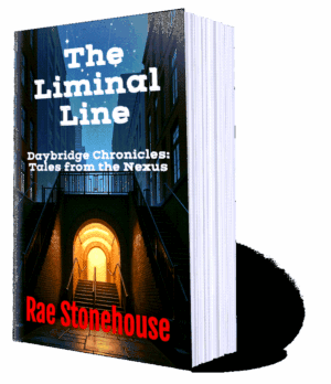 Book cover for 'The Liminal Line' by Rae Stonehouse, a Daybridge Chronicles tale, featuring an arched stairway in the dark city.