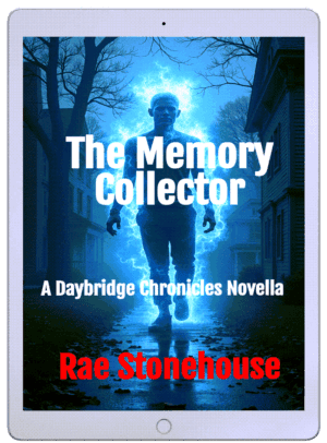 Book cover for 'The Memory Collector,' a Daybridge Chronicles novella by Rae Stonehouse, featuring a blue-glowing man walking down a dark, eerie street.