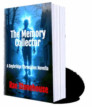 Book cover for 'The Memory Collector' by Rae Stonehouse, showing a glowing blue figure in a dark street with white subtitle text and bold red author name.