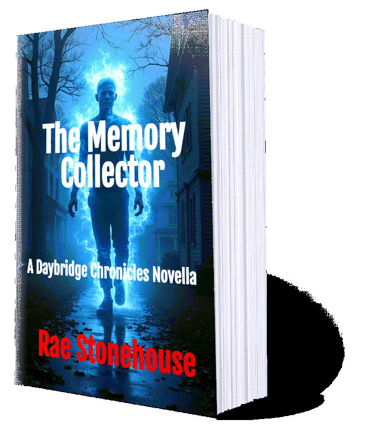 The Memory Collector Paperback v 3D - Live For Excellence Book Store Book cover for 'The Memory Collector' by Rae Stonehouse, showing a glowing blue figure in a dark street with white subtitle text and bold red author name.