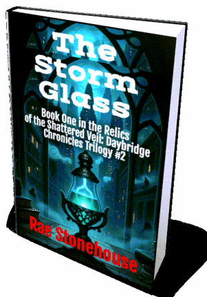 Book cover: The Storm Glass by Rae Stonehouse, glowing blue lantern in dark stained-glass arches with white title text.