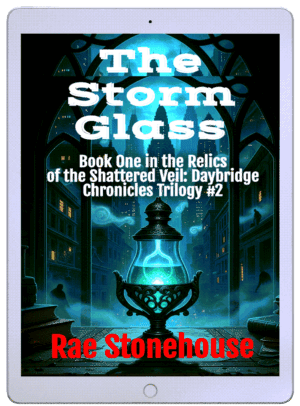 Book cover for The Storm Glass by Rae Stonehouse, featuring a glowing blue lantern in a dark cityscape with bold white title and red author name at the bottom.