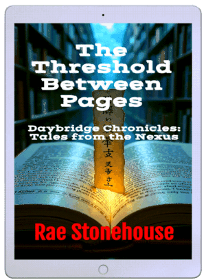 Book cover on a tablet: glowing torn parchment rising from an open book, with title 'The Threshold Between Pages' and author Rae Stonehouse