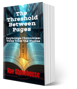 3D open book cover for "The Threshold Between Pages" by Rae Stonehouse, Daybridge Chronicles: Tales from the Nexus, with glowing pages and Japanese bookmark.