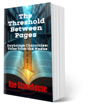 3D open book cover for "The Threshold Between Pages" by Rae Stonehouse, Daybridge Chronicles: Tales from the Nexus, with glowing pages and Japanese bookmark.