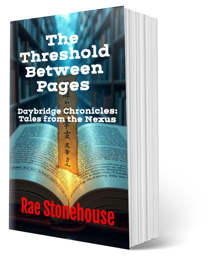 The Threshold Between Pages Paperback V 3D - Live For Excellence Book Store 3D open book cover for "The Threshold Between Pages" by Rae Stonehouse, Daybridge Chronicles: Tales from the Nexus, with glowing pages and Japanese bookmark.