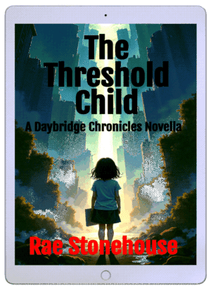 Book cover: a girl with a bag stands in a glowing canyon between skyscrapers; title 'The Threshold Child' and author Rae Stonehouse.