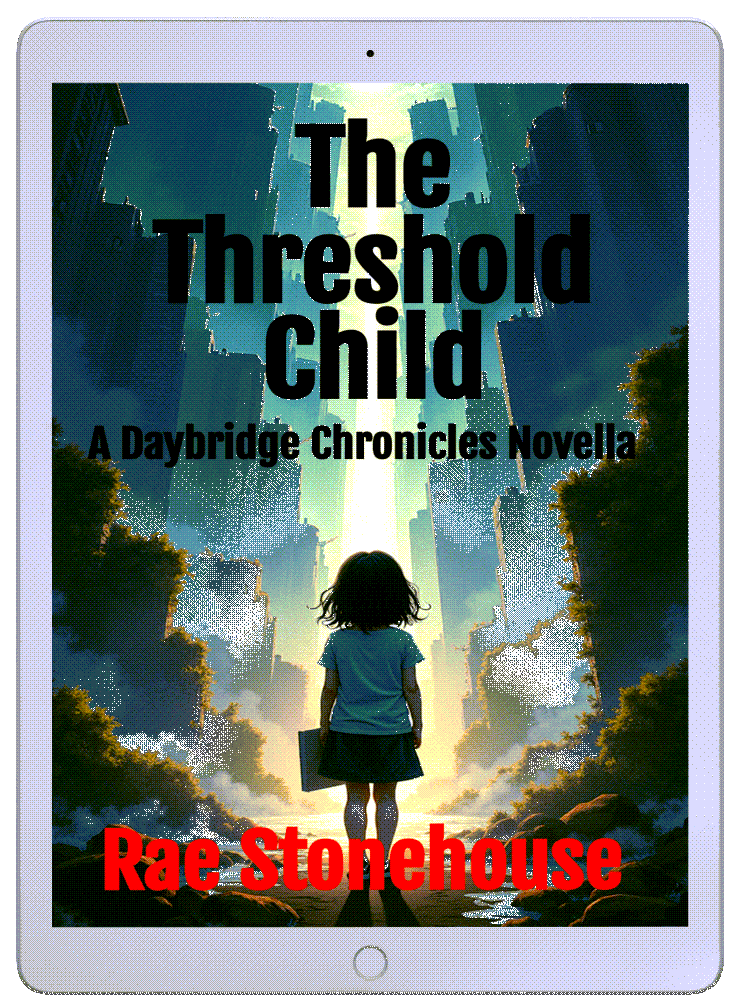 The Threshold Child Ebook cover v 3D - Live For Excellence Book Store Book cover: a girl with a bag stands in a glowing canyon between skyscrapers; title 'The Threshold Child' and author Rae Stonehouse.