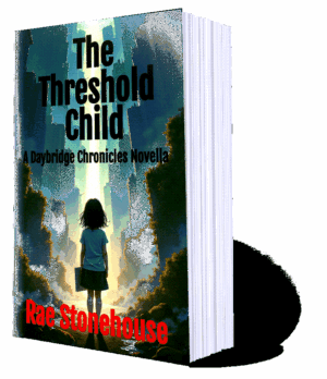 Book cover for 'The Threshold Child' by Rae Stonehouse, depicting a girl in a blue shirt standing before glowing canyon-like towers. A bold black title dominates the scene, with red author name at the bottom.