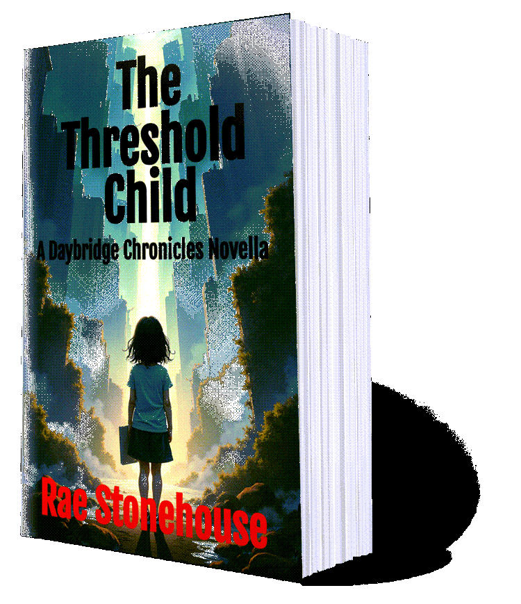 The Threshold Child Paperback v 3D - Live For Excellence Book Store Book cover for 'The Threshold Child' by Rae Stonehouse, depicting a girl in a blue shirt standing before glowing canyon-like towers. A bold black title dominates the scene, with red author name at the bottom.