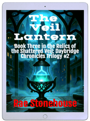 Book cover for 'The Veil Lantern' featuring a glowing blue lantern in a dark cityscape; subtitle and author Rae Stonehouse are shown prominently.