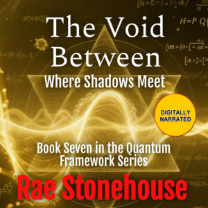 Book cover for The Void Between: Where Shadows Meet, seventh in the Quantum Framework Series, with a yellow ‘Digitally Narrated’ badge.