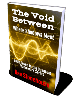 Book cover for 'The Void Between: Where Shadows Meet' by Rae Stonehouse, Book Seven in the Quantum Framework Series, showing a yellow glowing wave.