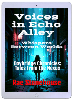 Book cover: Voices in Echo Alley—Whispers Between Worlds; Daybridge Chronicles: Tales from the Nexus by Rae Stonehouse; silhouette of a person in a neon-lit alley.