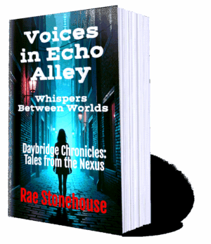Book cover for 'Voices in Echo Alley' with subtitle 'Whispers Between Worlds' and 'Daybridge Chronicles: Tales from the Nexus' by Rae Stonehouse, featuring a silhouette in a neon-lit alley.